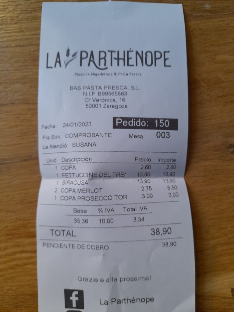 restaurante italiano parthenope zaragoza precio