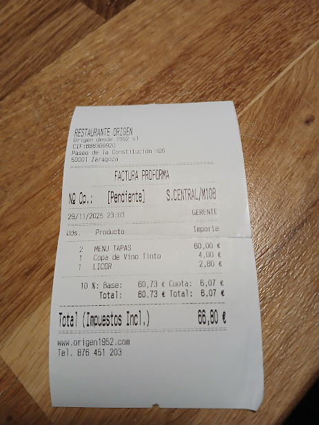 Precio del restaurante origen zaragoza